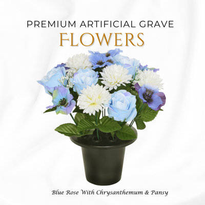  - Premium Artificial Grave Flowers25Cm Blue Rose With Chrysanthemum & Pansy Memorial Vase Pot