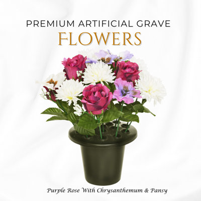 Premium Artificial Grave Flowers25Cm Purple Rose With Chrysanthemum & Pansy Memorial Vase Pot from B&Q