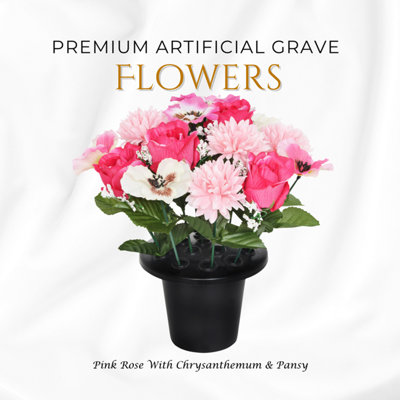 Premium Artificial Grave Flowers25Cm Pink Rose With Chrysanthemum & Pansy Memorial Vase Pot from B&Q