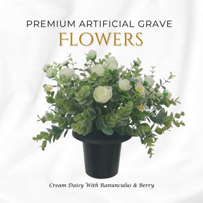  - Premium Artificial Grave Flowers25Cm Cream Daisy With Ranunculus & Berry Memorial Vase Pot