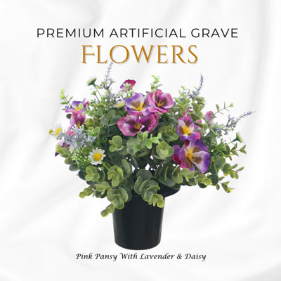  - Premium Artificial Grave Flowers25Cm Pink Pansy With Lavender & Daisy Memorial Vase Pot