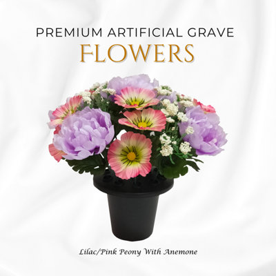 Premium Artificial Grave Flowers25Cm Lilac Pink Peony With Anemone Memorial Vase Pot from B&Q
