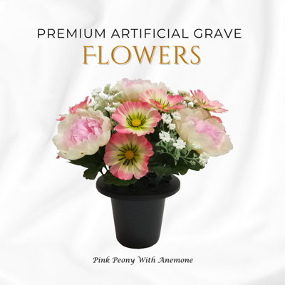 Premium Artificial Grave Flowers25Cm Pink Peony With Anemone Memorial Vase Pot from B&Q