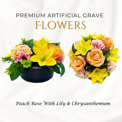 Premium Artificial Grave Flowers24Cm Peach Rose With Lily & Chrysanthemum Weighted Pot from B&Q