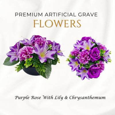  - Premium Artificial Grave Flowers24Cm Purple Rose With Lily & Chrysanthemum Weighted Pot