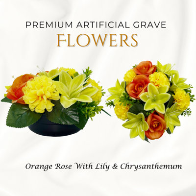 Premium Artificial Grave Flowers24Cm Orange Rose With Lily & Chrysanthemum Weighted Pot from B&Q