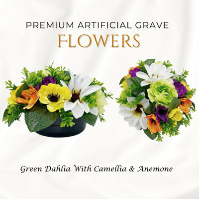 Premium Artificial Grave Flowers24Cm Green Dahlia With Camellia & Anemone Weighted Pot from B&Q