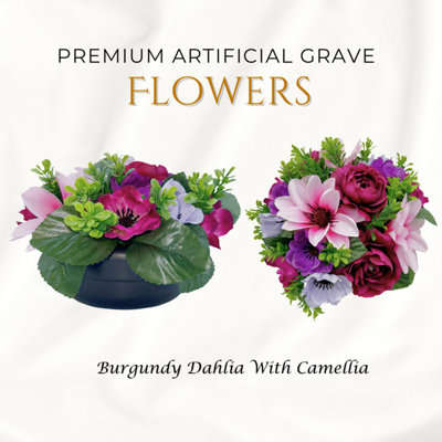 Premium Artificial Grave Flowers24Cm Burgundy Dahlia With Camellia Weighted Pot from B&Q
