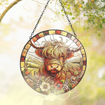 B&Q -  Stained Glass Suncatcher Highland Cow Hanging Round Orbit Garden Decoration48Cm X 23Cm