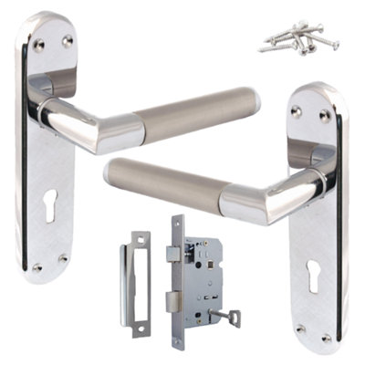 Betley Butterfly Door Handles Pack Mitred Straight Lever Lock Set DuoChrome Satin 180mm X 40mmPolished Chrome2.5" Lock
