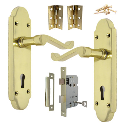B&Q -  Epsom Door Handle Lock Victorian Scroll LeverBrass Pack Hinges