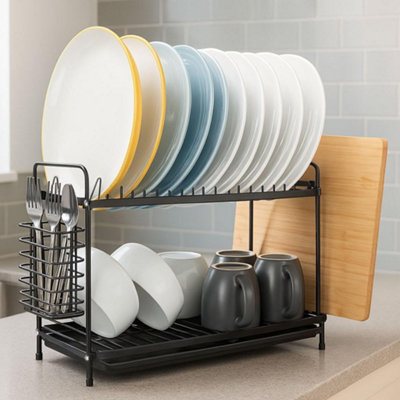 B&Q -  2-Tier Black Dish Drainer Rack With Utensil Holder & Draining Board