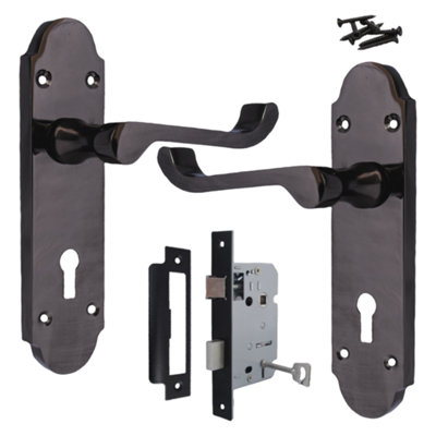 B&Q -  Epsom Door Handle Key Lock Scroll LeverBlack Nickel Pack