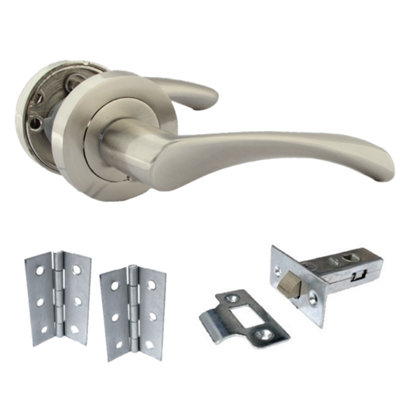 Betley Butterfly Astrid Door Handles Latch Twist Lever On RoseSatin Latch Hinges 120mm50mm from B&Q