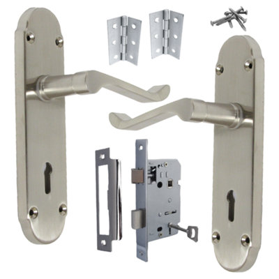 B&Q -  Epsom Door Handles Key Lock Scroll LeverSatin Pack Hinges