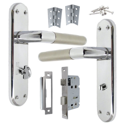 Betley Butterfly Door Handles Mitred Straight Lever Bath Lock Pack DuoChrome Satin 180mm X 40mm HingesPolished Chrome2.5" Lock