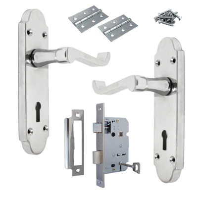 B&Q -  Epsom Door Handle Key Lock Scroll LeverPolished Chrome Pack Hinges3 Inch