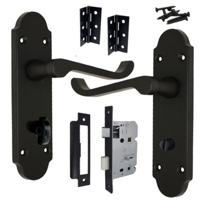 B&Q -  Epsom Door Handle Bathroom Lock Scroll LeverMatt Black Pack Hinges