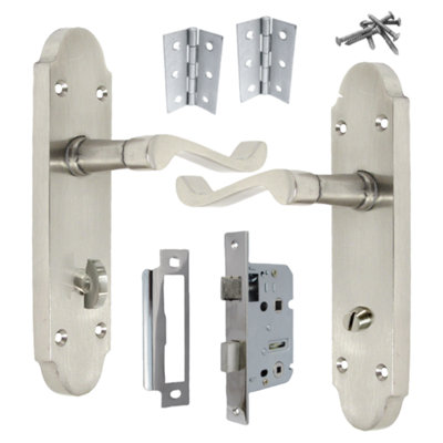 B&Q -  Epsom Door Handles Bathroom Lock Scroll LeverSatin Pack Hinges