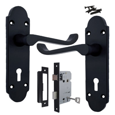 B&Q -  Epsom Door Handle Key Lock Scroll LeverMatt Black Pack
