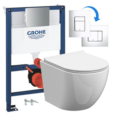 Rimless Eco Wall Hung Toilet PanSeat & Grohe 0.82M Low Height Cistern Wc Frame-Complete Set from B&Q