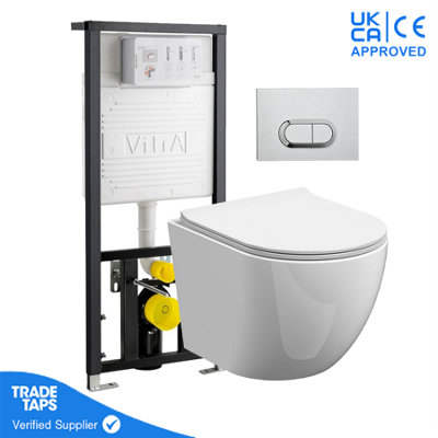 Grohe Rimless Wall Hung Toilet Pan With Vitra 1.12M Concealed Cistern FrameLoop OChrome Dual Flush Plate