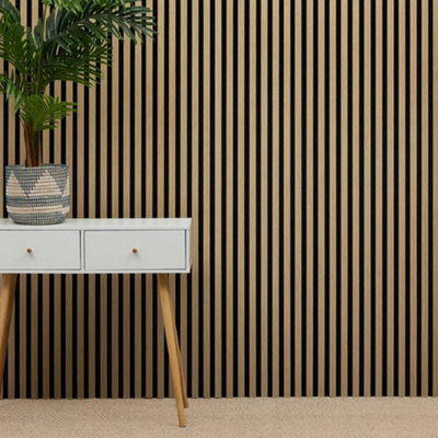 Mcw Acoustic Slat Wall Panel Decorative & Sound Absorbing Wooden Slatted Wall Paneling Easy Installation 2400 X 600mm Oak Natural from B&Q