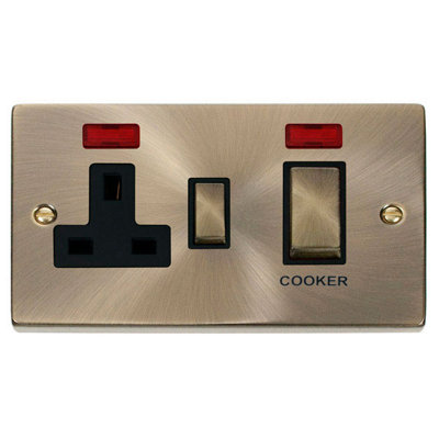 B&Q - Antique Brass Cooker Control Ingot 45A With 13A Switched Plug Socket & 2 NeonsBlack TrimSe Home