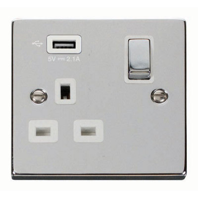 Polished Chrome 1 Gang 13A Dp Ingot 1 Usb Switched Plug SocketWhite TrimSe Home
