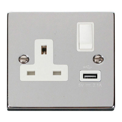 B&Q - Polished Chrome 1 Gang 13A Dp 1 Usb Switched Plug SocketWhite TrimSe Home