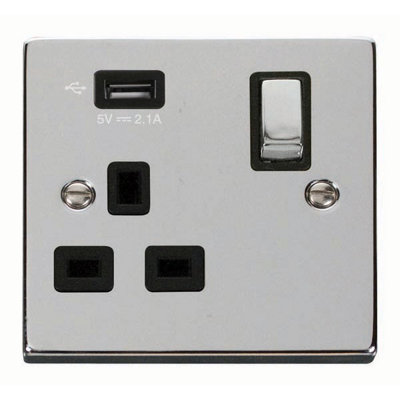 Polished Chrome 1 Gang 13A Dp Ingot 1 Usb Switched Plug SocketBlack TrimSe Home