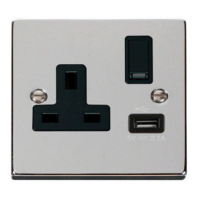 Polished Chrome 1 Gang 13A Dp 1 Usb Switched Plug SocketBlack TrimSe Home