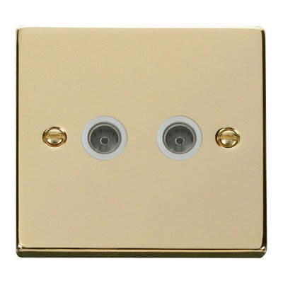 B&Q - Polished Brass 2 Gang Twin Coaxial Tv SocketWhite TrimSe Home