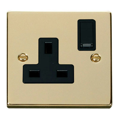 B&Q - Polished Brass 1 Gang 13A Dp Switched Plug SocketBlack TrimSe Home