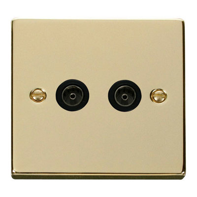 Polished Brass 2 Gang Twin Coaxial Tv SocketBlack TrimSe Home