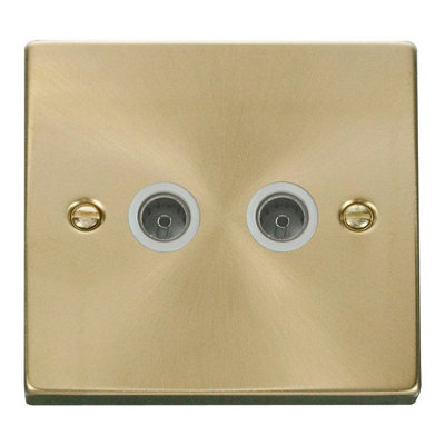 B&Q - Satin / Brushed Brass 2 Gang Twin Coaxial Tv SocketWhite TrimSe Home