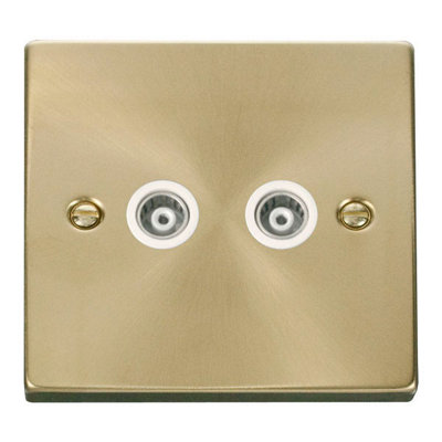 B&Q - Satin / Brushed Brass Twin Isolated Coaxial SocketWhite TrimSe Home