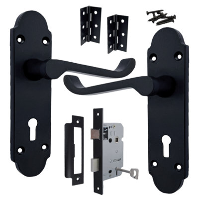 B&Q -  Epsom Door Handle Key Lock Scroll LeverMatt Black Pack Hinges