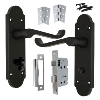 B&Q -  Epsom Door Handle Bathroom Lock Scroll LeverMatt Black Chrome Pack Hinges