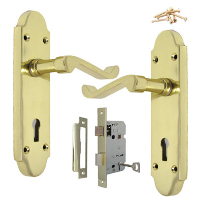 B&Q -  Epsom Door Handle Lock Victorian Scroll LeverBrass Pack