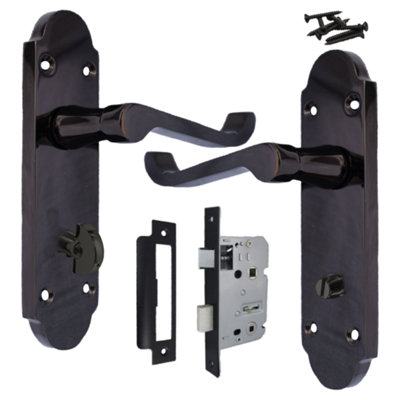 B&Q -  Epsom Door Handle Bathroom Lock Scroll LeverBlack Nickel Pack