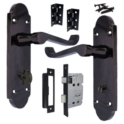 B&Q -  Epsom Door Handle Bathroom Lock Scroll LeverBlack Nickel Pack Hinges