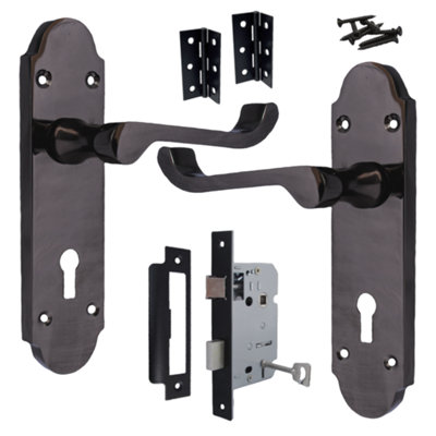 B&Q -  Epsom Door Handle Key Lock Scroll LeverBlack Nickel Pack Hinges