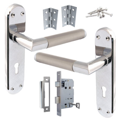 Betley Butterfly Door Handles Pack Mitred Straight Lever Lock Set DuoChrome Satin 180mm X 40mm HingesPolished Chrome2.5" Lock