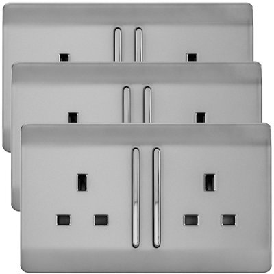Trendi Switch 2 Gang 13amp Brushed Steel Plug Socket - Screwless Plate - Pack of 3 - Image 5