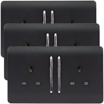 B&Q -  Trendi 2 Gang Artistic Modern Glossy 13 Amp Switched Tactile Plug Socket Matt Black (3 Pack)