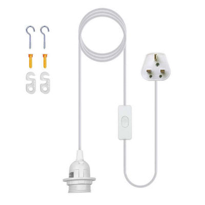 E27 Plug In Hanging Ceiling Pendant Light Fixture White Lamp Bulb Socket Cord from B&Q