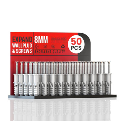 50Pcs Wall Plug Screw Set (8mm) Plastic Drywall Anchors With Flat Head Screws For Plasterboard Wall Mounting from B&Q