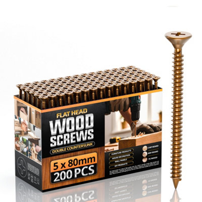  - 200Pcs 5 X 80mm Yellow Passivated Wood Screws Flat Head Self Tapping Fixings For WoodMdf & Plasterboard