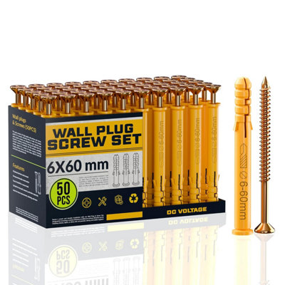50Pcs Yellow Wall Plugs & Screws Set  6X60mm Masonry Screws & Expansion Anchors For BrickConcreteDrywall